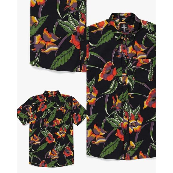 Volcom NWT Varkala Floral Woven Short Sleeve Button Down Shirt Black XL - Picture 1 of 5